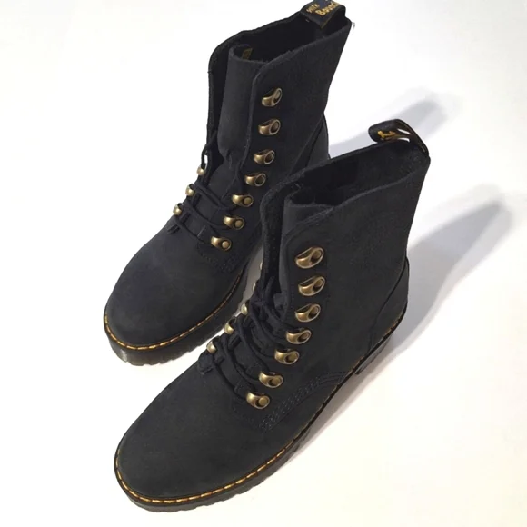 💎NWOB Dr. Martens "Leona" Black Suede Combat Heeled Boots - Picture 16 of 16